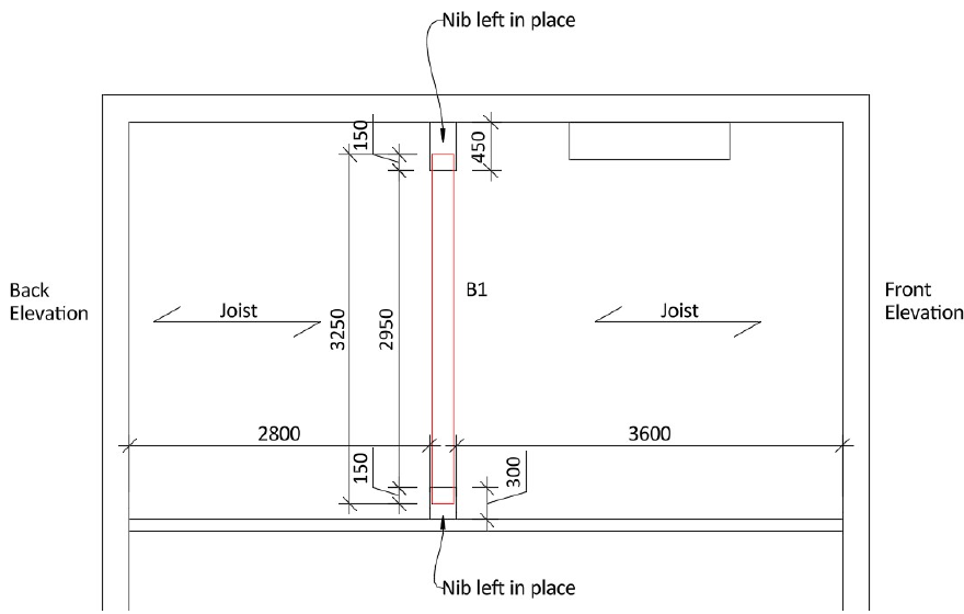 Example structural layout showing beam B1 replacing a wall, with dimensions and floor joist directions.